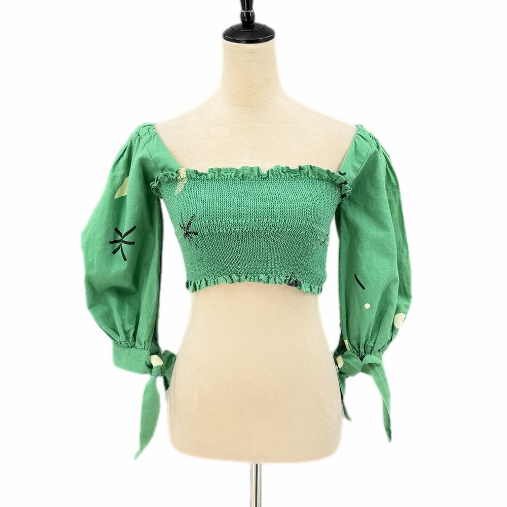 Capulet Gracia Smocked Puffed Sleeve Linen Cotton Green Carnivale Print Crop Top - Picture 3 of 13